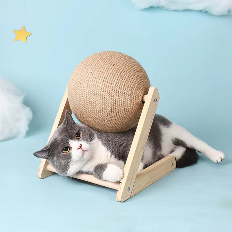 Modern Wooden Cat Scratching Ball Bed – Interactive Sisal Scratcher Lounge for Indoor Cats