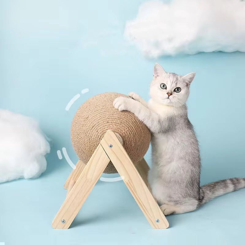 Modern Wooden Cat Scratching Ball Bed – Interactive Sisal Scratcher Lounge for Indoor Cats